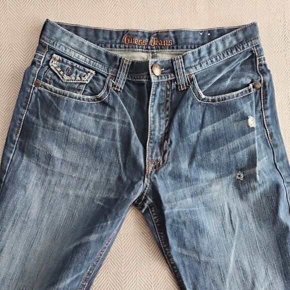 Guess Jeans Men's 34x31 Relaxed Boot Cut Medium Wash Blue Flap Pocket Embroidery - Picture 10 of 16